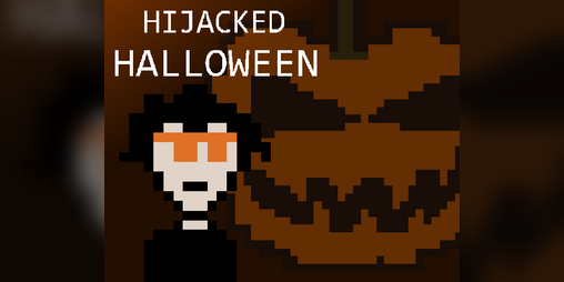 Pixel art for Hijacked Halloween showing a costumed visitor beside a jack-o'-lantern